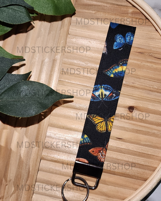 Black Butterfly Print Fabric Keychain, Key Fob