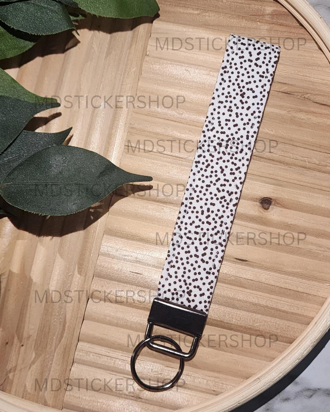 Black Dots on White Print Fabric Keychain, Key Fob