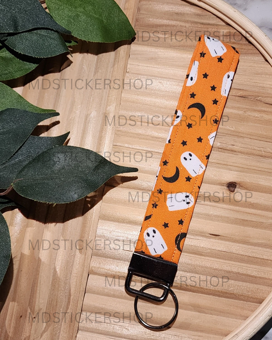 Orange Ghost Print Fabric Keychain, Key Fob