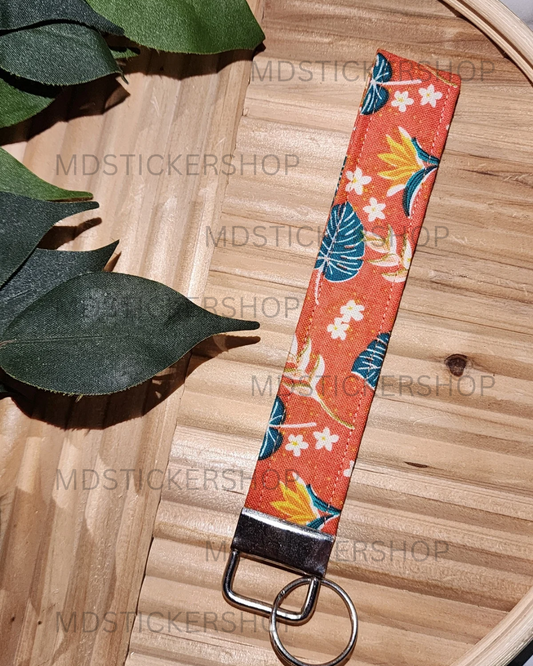 Orange Tropical Print Fabric Keychain, Key Fob