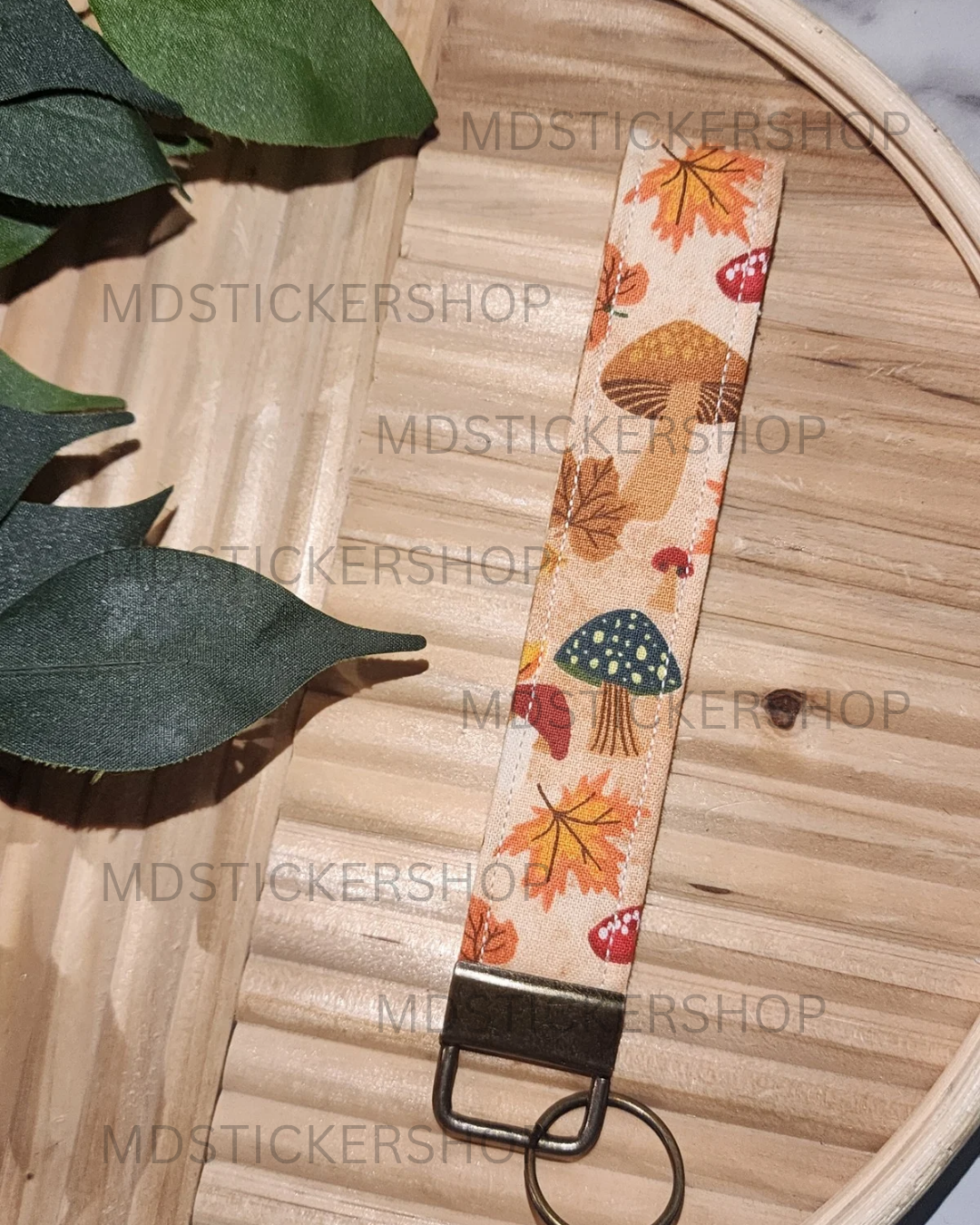 Fall Mushroom Print Fabric Keychain, Key Fob
