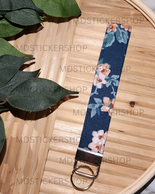 Navy and Pink Floral Print Fabric Keychain, Key Fob