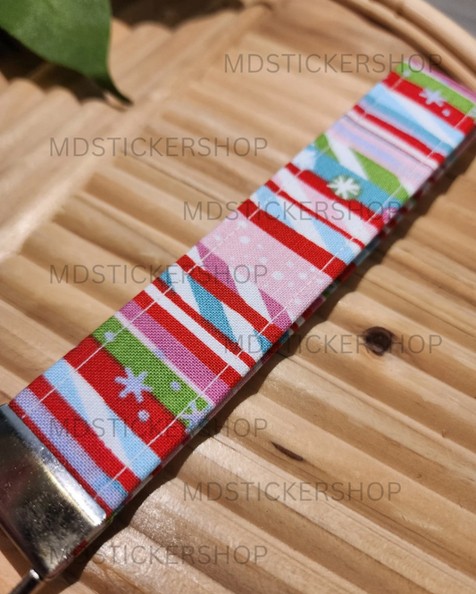 Pink Holiday Stripe Print Fabric Keychain, Key Fob