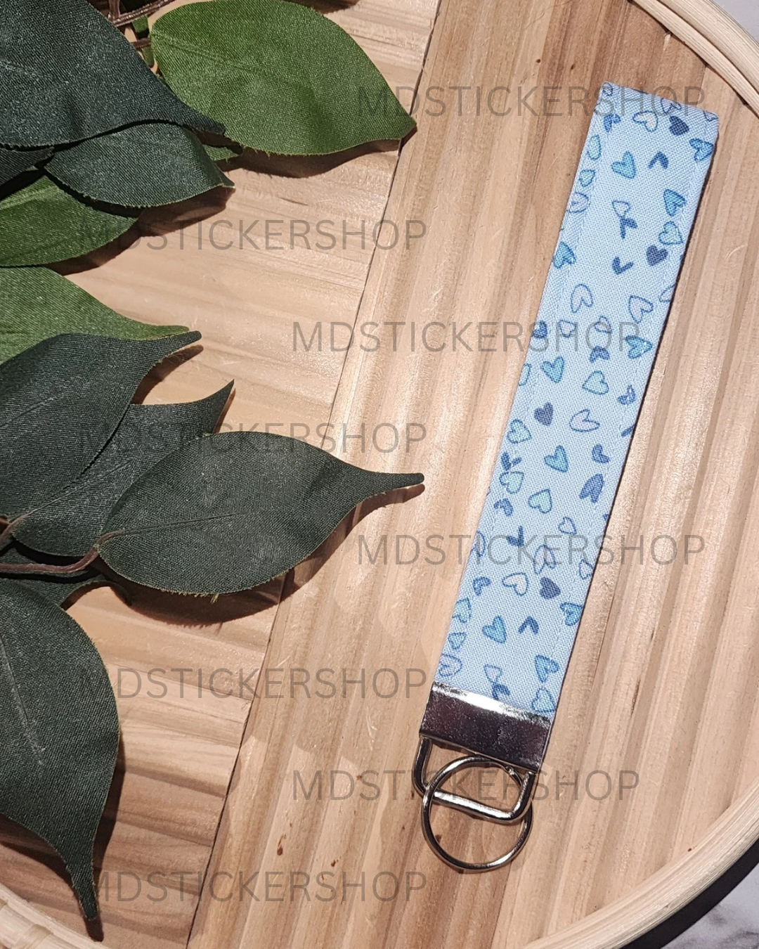 Blue Hearts Print Fabric Keychain, Key Fob