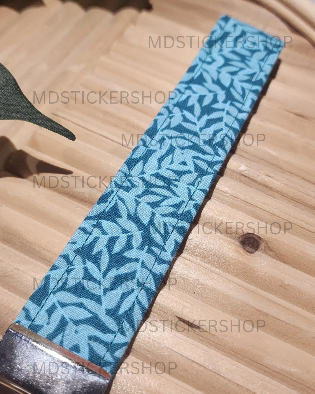 Blue Leaves Print Fabric Keychain, Key Fob
