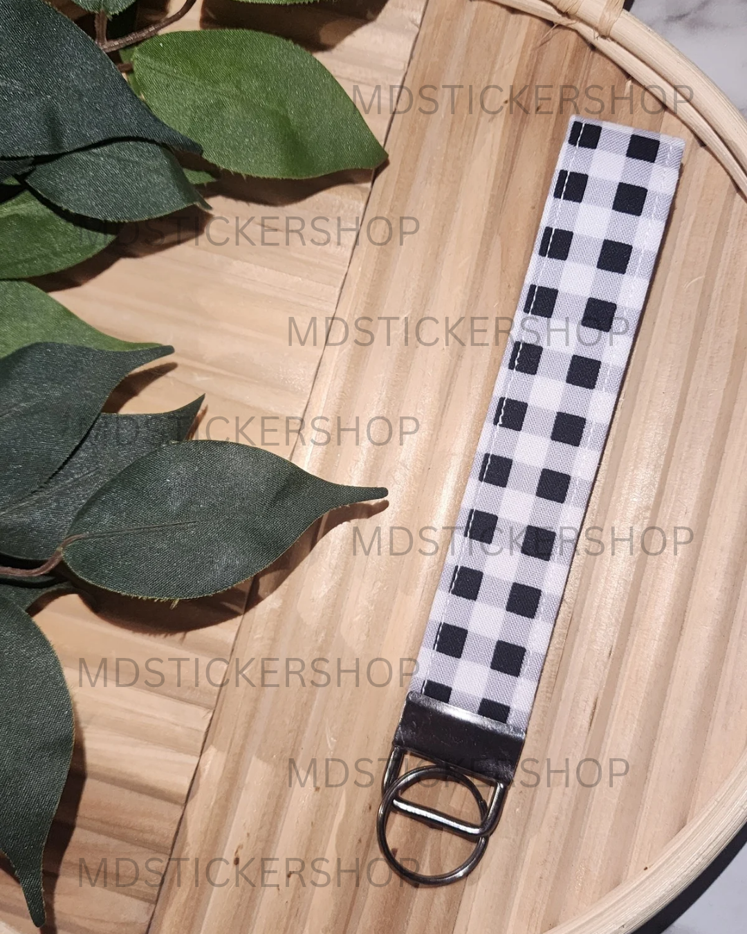 White and White Check Print Fabric Keychain, Key Fob