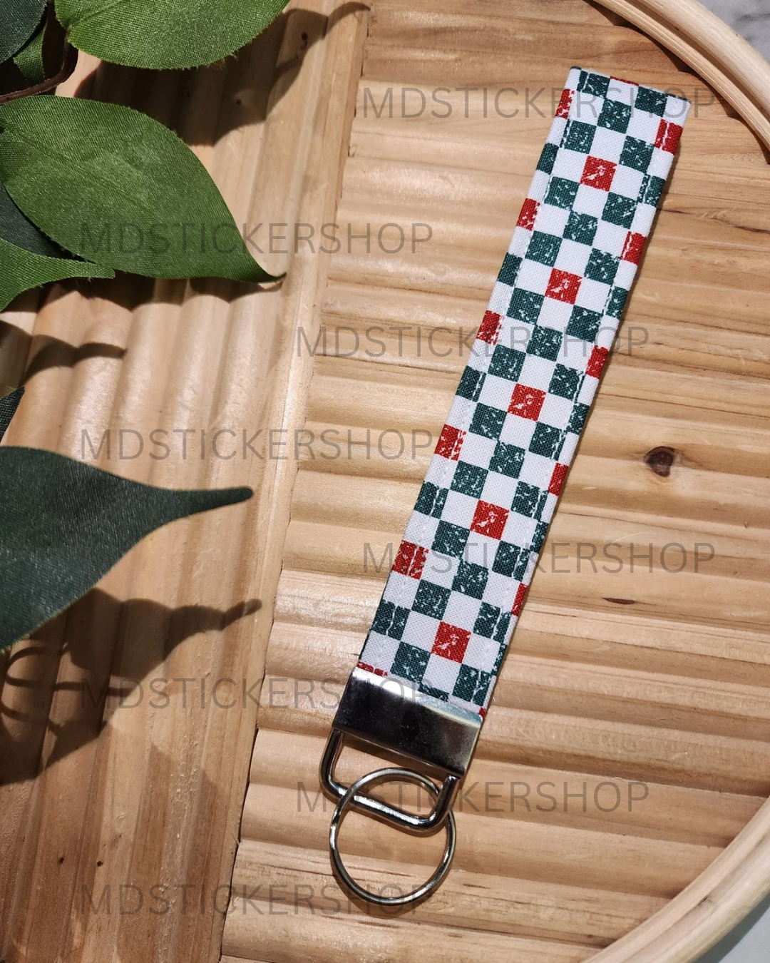 Red and Green Holiday Check Print Fabric Keychain, Key Fob