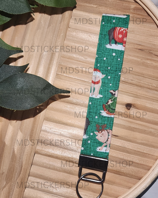 Holiday Pig Print Fabric Keychain, Key Fob