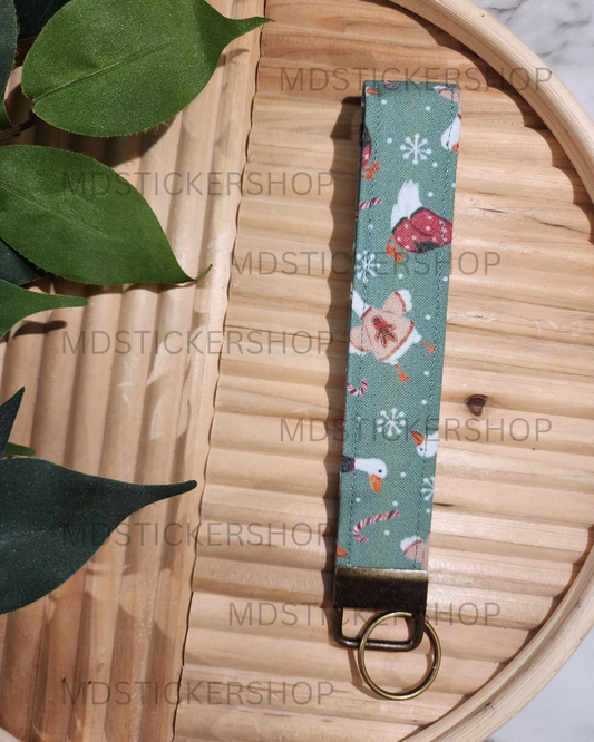 Holiday Goose Print Fabric Keychain, Key Fob