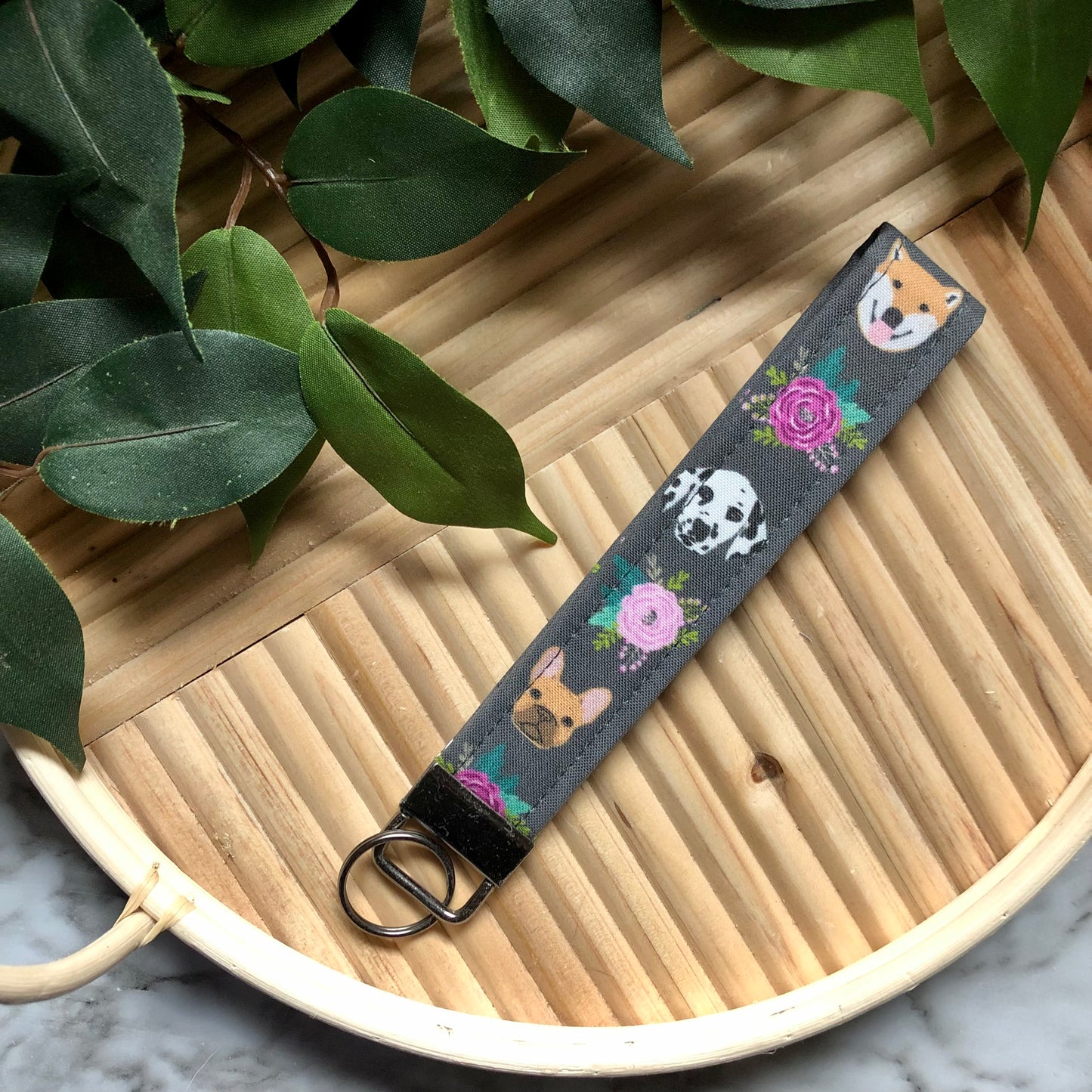Grey Dogs and Flowers Print Fabric Wristlet Keychain, Key Fob