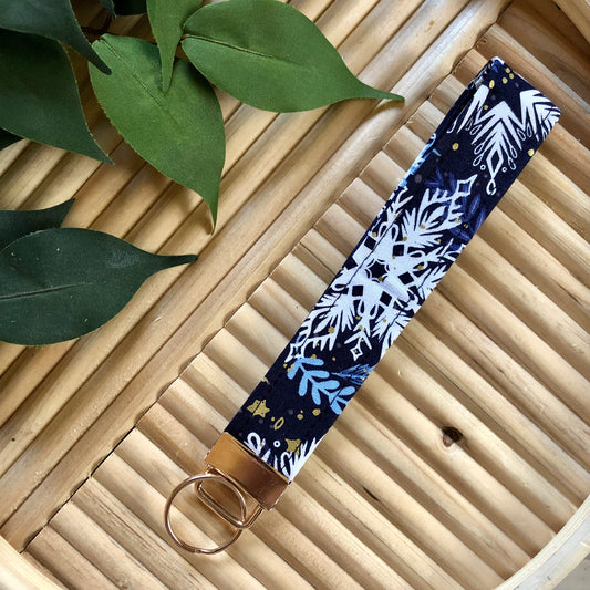 Navy/White/Gold Snowflake Print Fabric Keychain, Key Fob