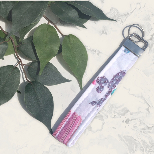 Pink, Purple, and Blue Cactus Print Fabric Keychain, Key Fob