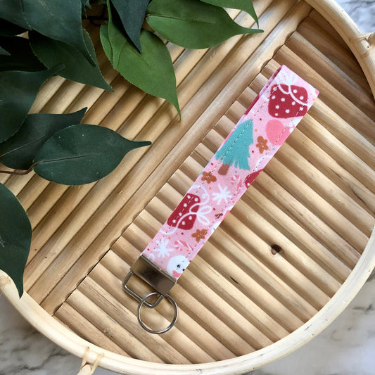 Pink Christmas Print Fabric Keychain, Key Fob