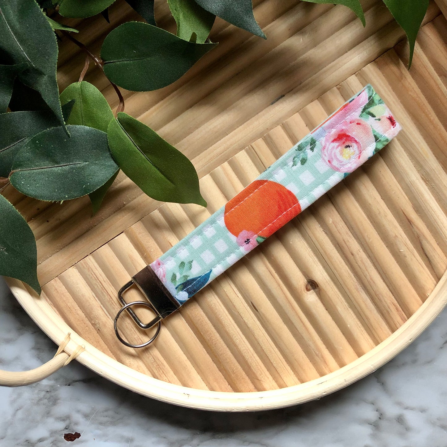 Floral Peaches on Gingham Print Fabric Wristlet Keychain, Key Fob