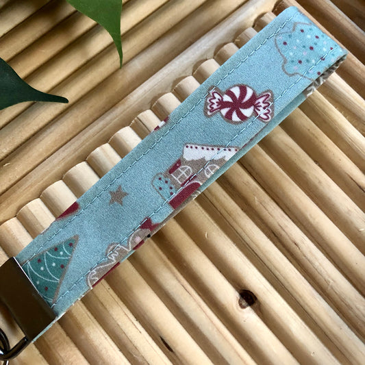 Gingerbread House Print Fabric Keychain, Key Fob