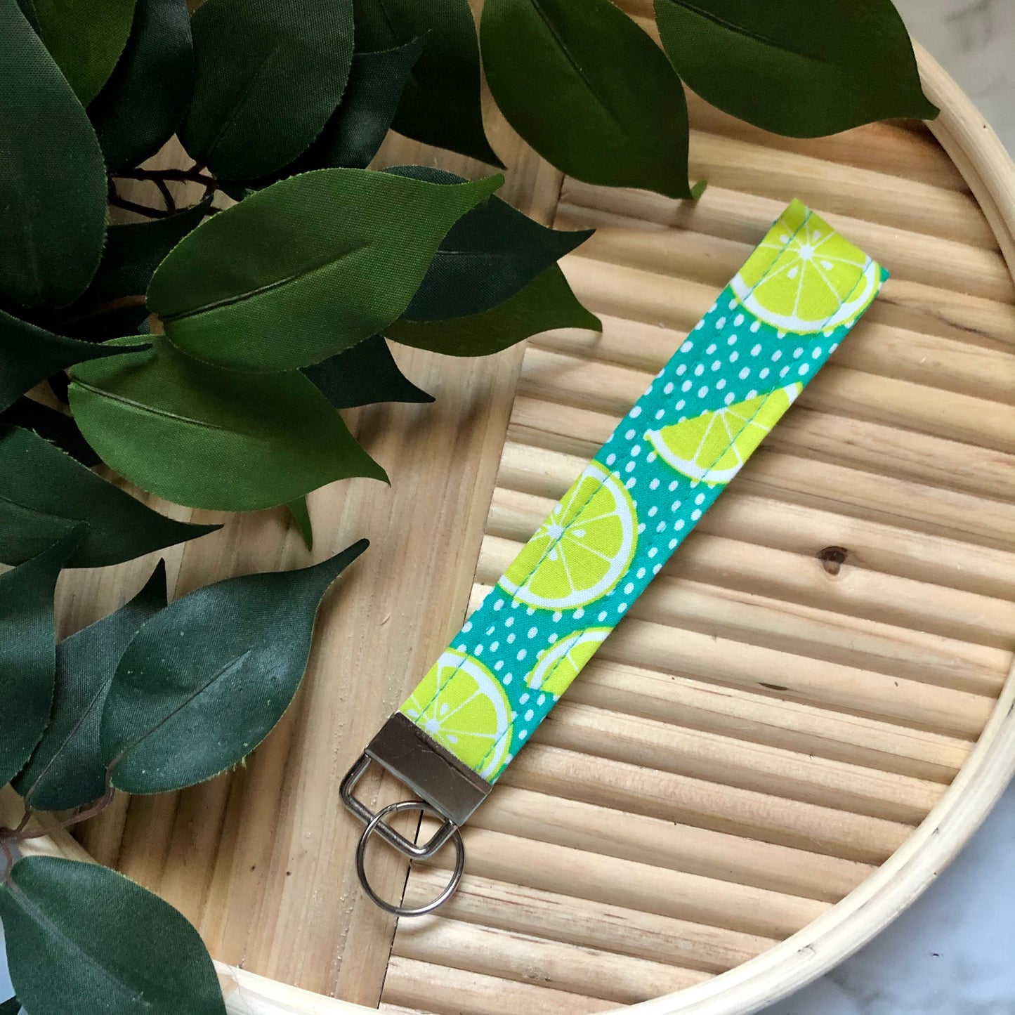 Blue Lime Print Fabric Wristlet Keychain, Key Fob