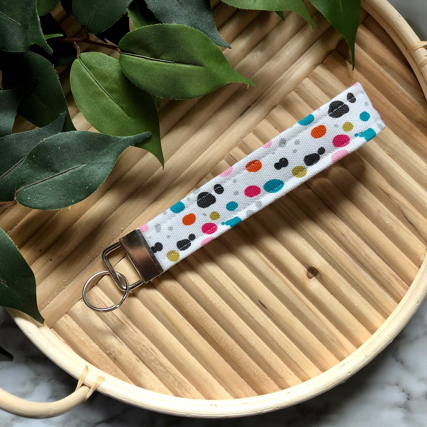 Colorful Dots Print Fabric Wristlet Keychain, Key Fob