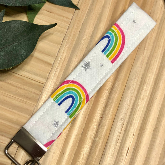 Glitter Stars & Rainbows Print Fabric Wristlet Keychain, Key Fob