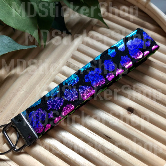 Metallic Rainbow Cheetah on Black Print Fabric Keychain