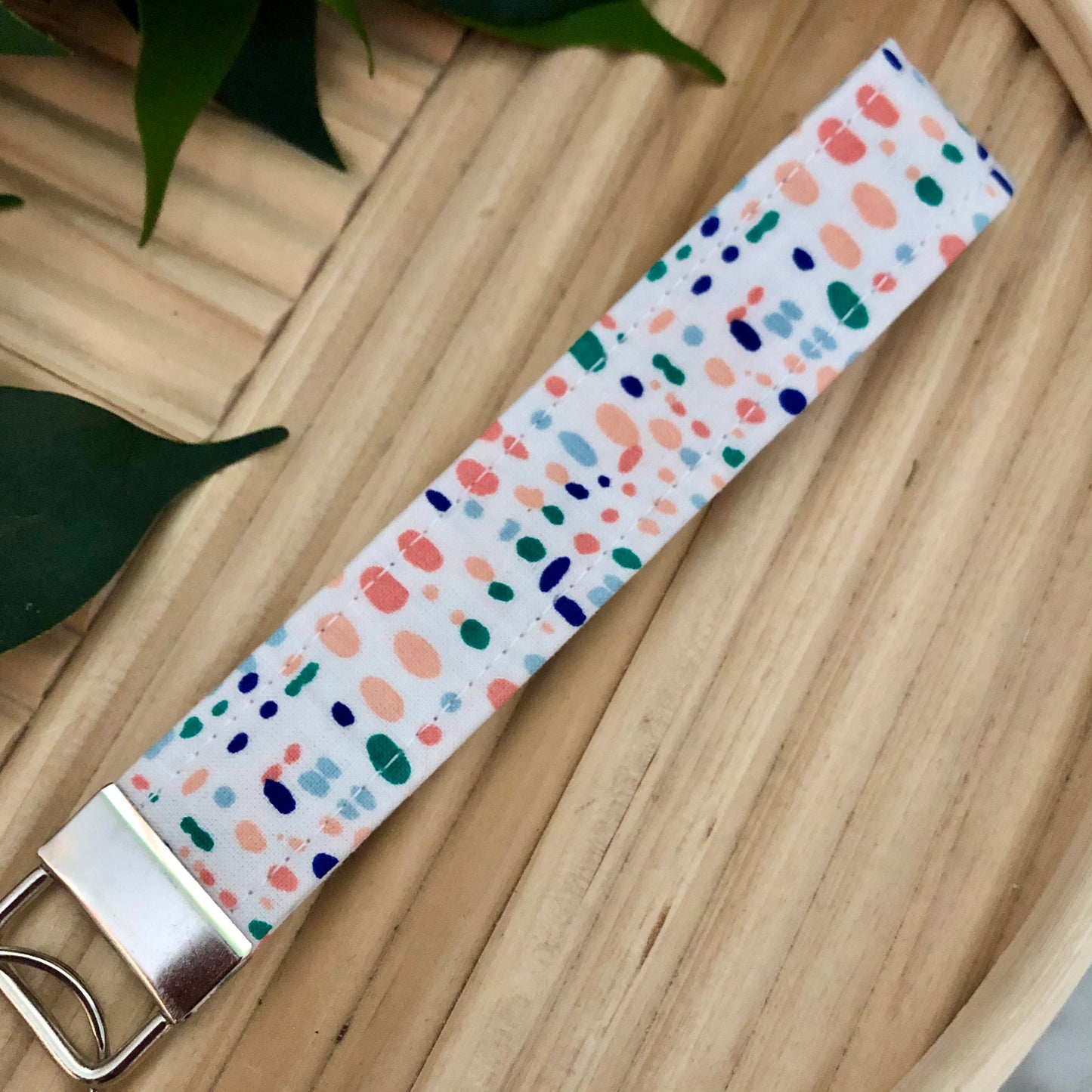 Pink/Blue/Green Dot Print Fabric Wristlet Keychain, Key Fob