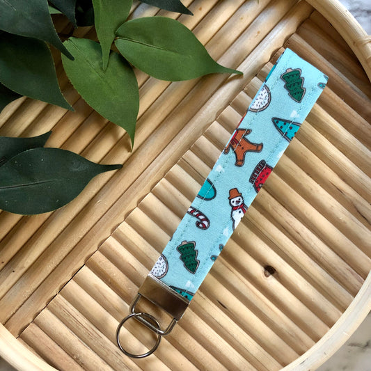 Blue Holiday Print Fabric Keychain, Key Fob