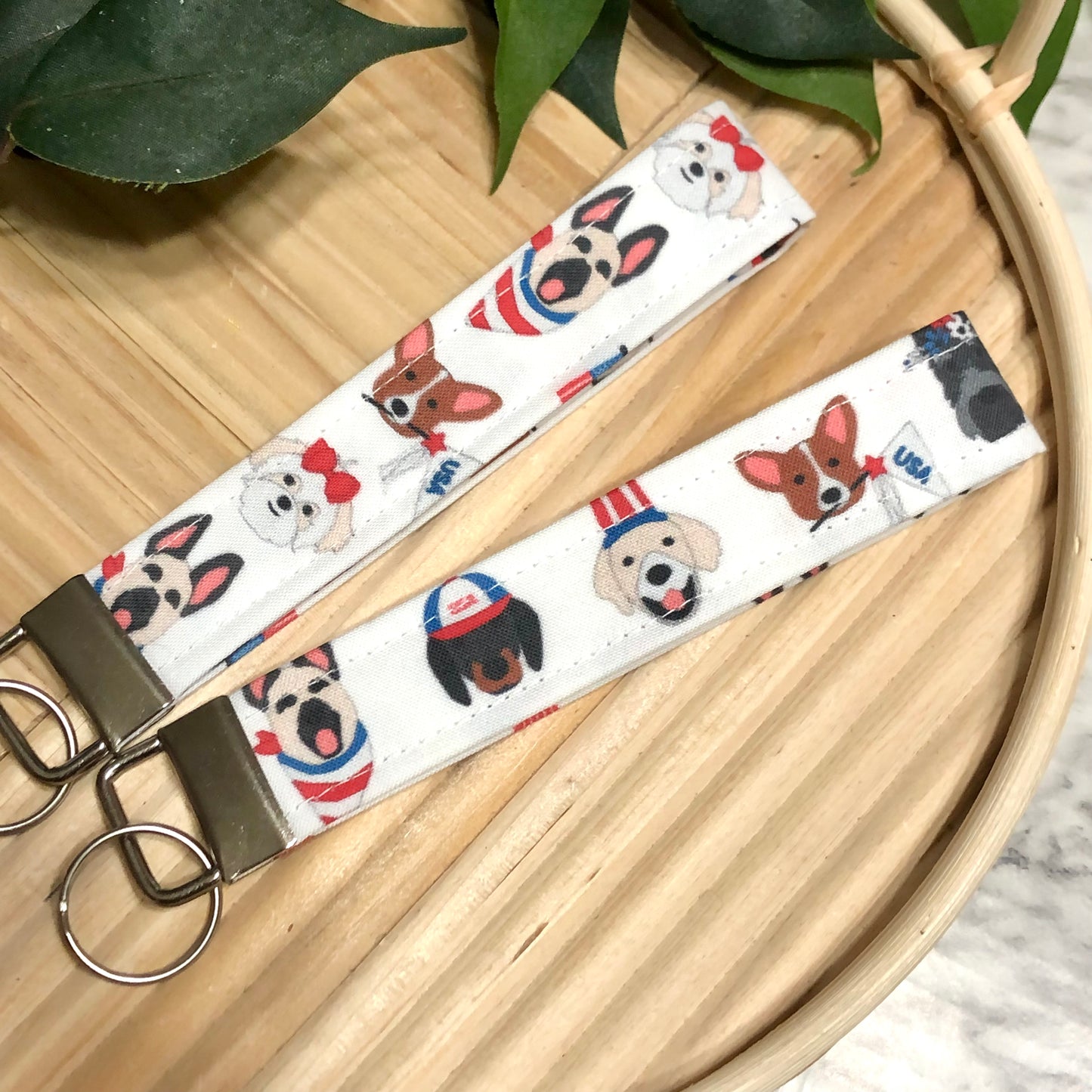 Patriotic Pups Print Fabric Wristlet Keychain, Key Fob