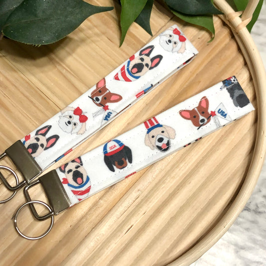 Patriotic Pups Print Fabric Wristlet Keychain, Key Fob