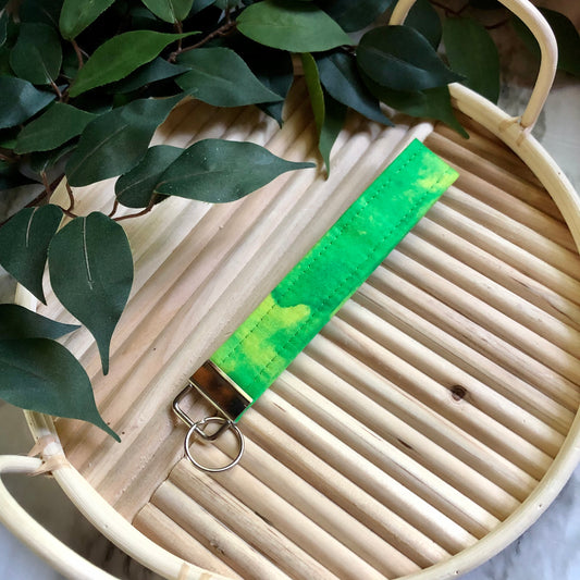 Green and Yellow Tie Dye Print Wristlet Keychain, Key Fob