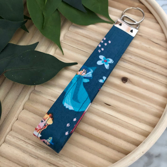 Sleeping Beauty Print Fabric Wristlet Keychain, Key Fob