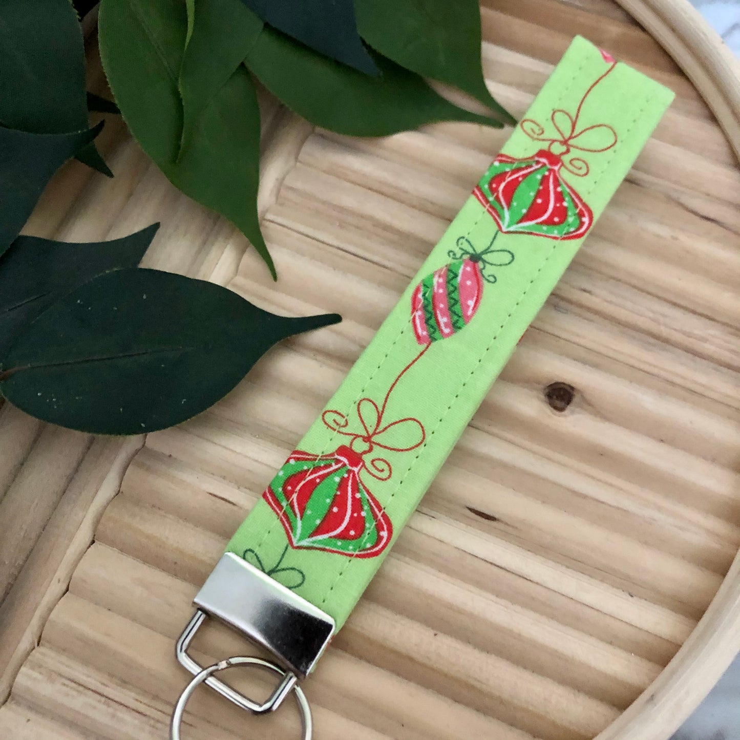 Lime Ornaments Print Fabric Wristlet Keychain, Key Fob