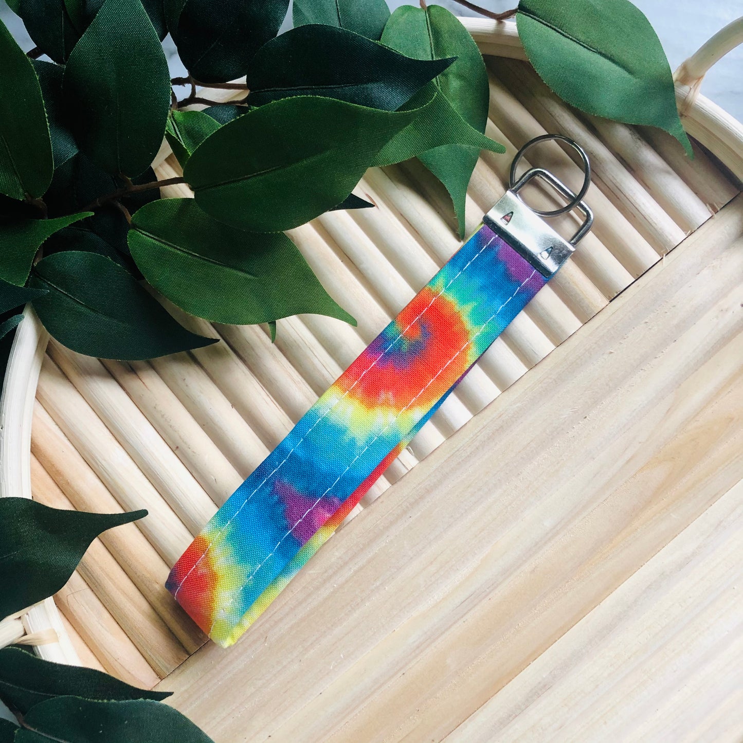 Rainbow Tie Dye Print Fabric Wristlet Keychain, Key Fob