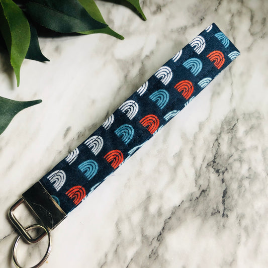 Navy Patriotic Rainbow Print Fabric Wristlet Keychain, Key Fob