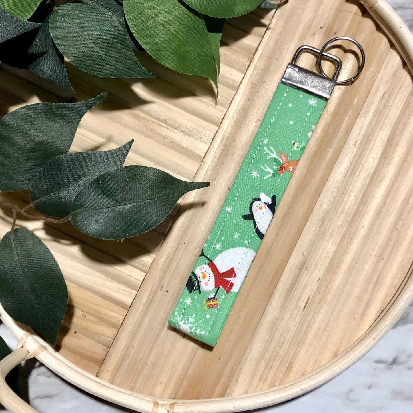 Snowman & Friends Holiday Print Fabric Wristlet Keychain, Key Fob