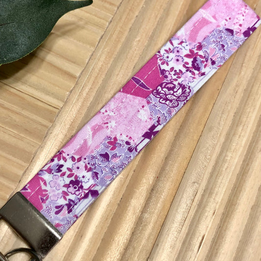 Pink Floral Patchwork Print Fabric Wristlet Keychain, Key Fob