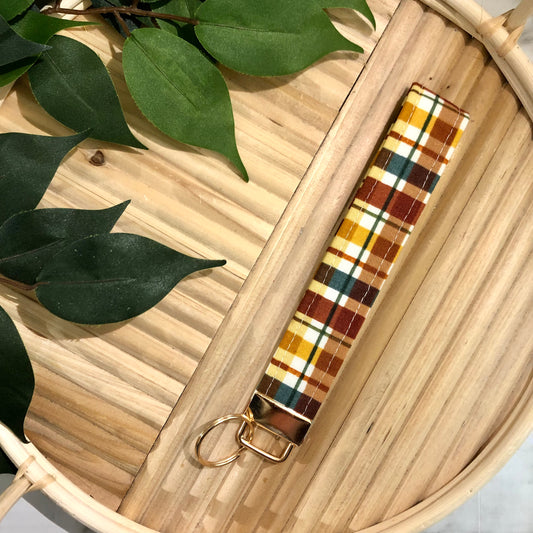 Fall Plaid Print Fabric Keychain, Key Fob