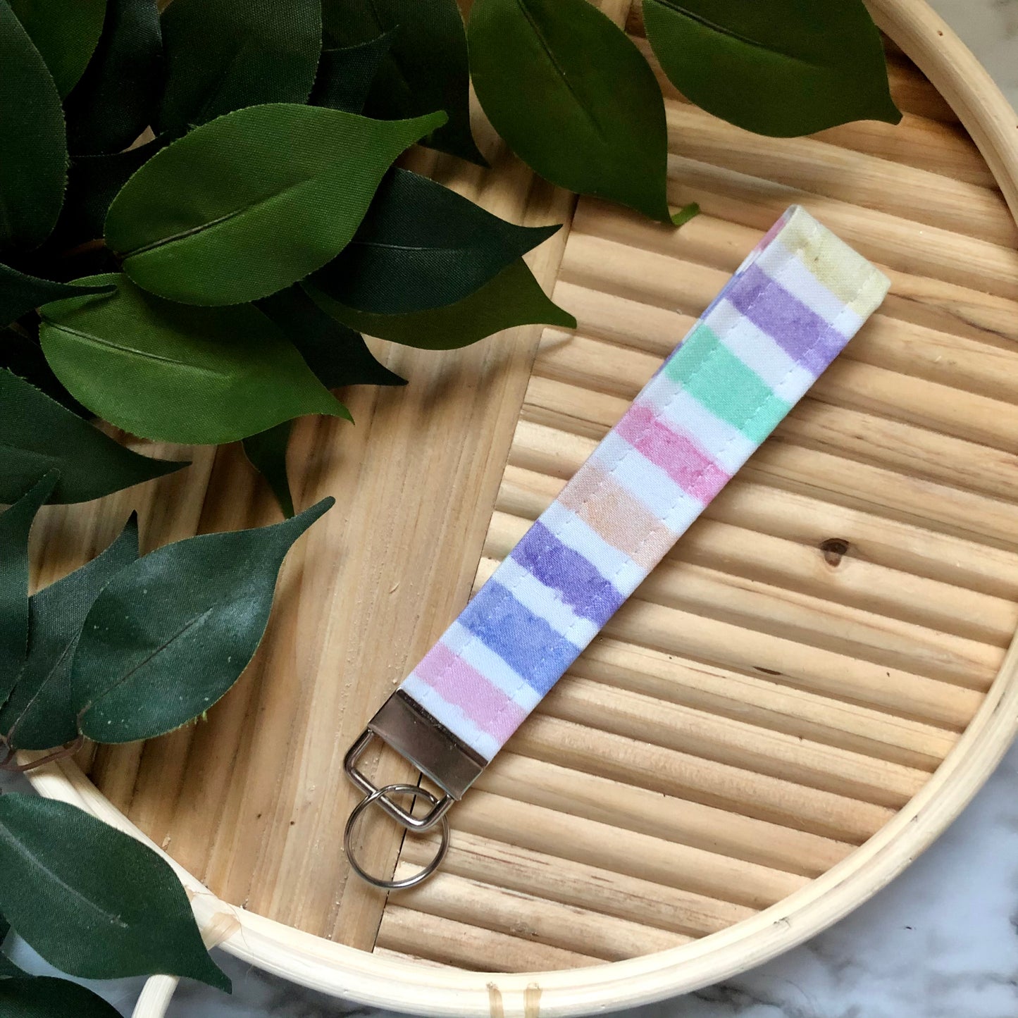 Pastel Stripe Print Fabric Wristlet Keychain, Key Fob