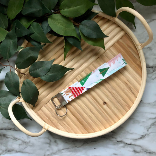 Colorful Winter Trees Print Fabric Wristlet Keychain, Key Fob