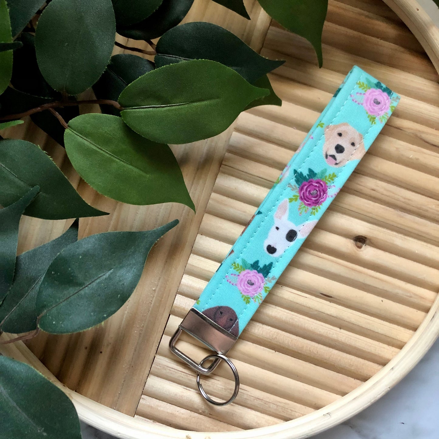 Floral Pet Print Fabric Wristlet Keychain, Key Fob