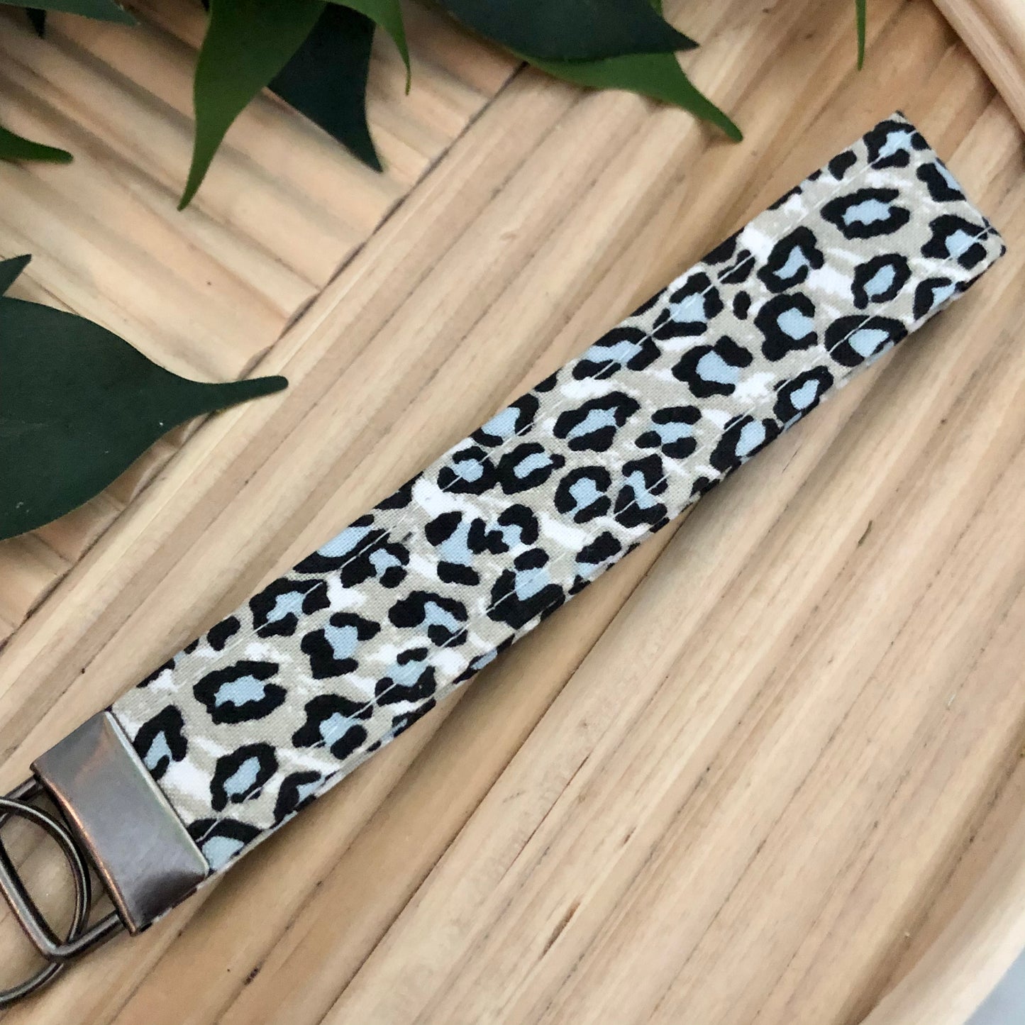 Grey/White/Blue Leopard Print Fabric Wristlet Keychain, Key Fob