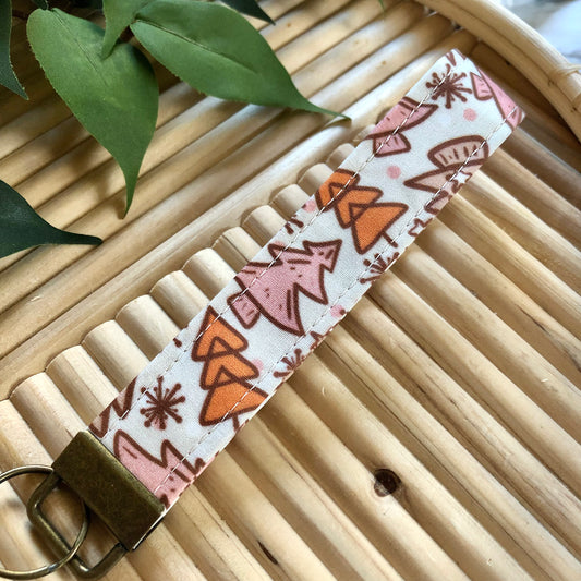 Pink Boho Tree Print Fabric Keychain, Key Fob