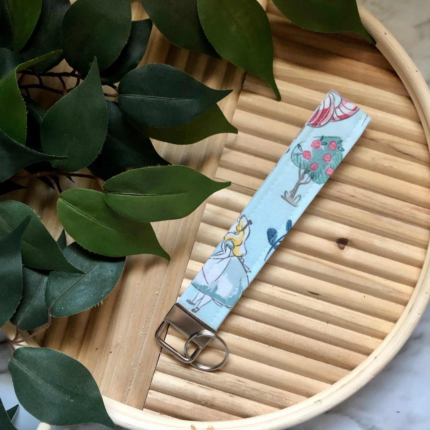 Alice in Wonderland Print Fabric Wristlet Keychain, Key Fob