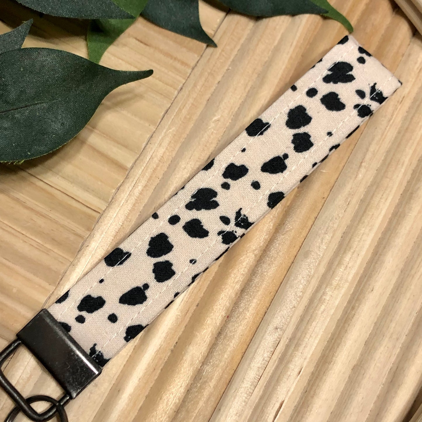 Black Spots on Tan Print Fabric Wristlet Keychain, Key Fob