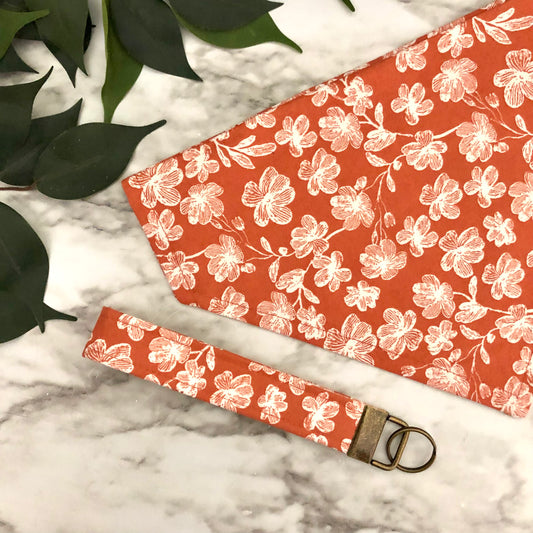 Rust Fall Floral Print Fabric Wristlet Keychain, Key Fob