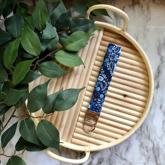 Blue, Red, and White Floral Paisley Print Fabric Keychain, Key Fob, Hanker-chief Print