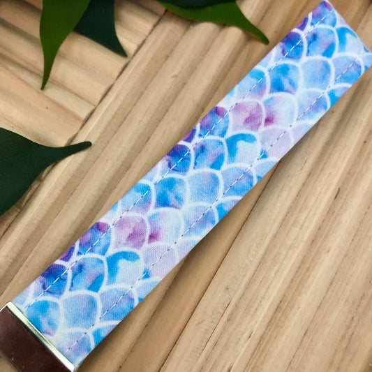 Watercolor Mermaid Scale Print Fabric Wristlet Keychain, Key Fob