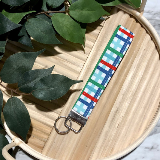 Holiday Plaid Print Fabric Wristlet Keychain, Key Fob