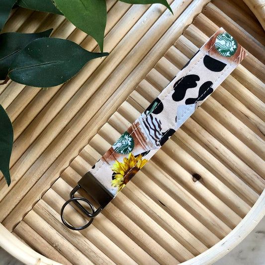 Sunflower Starbies Print Fabric Keychain, Key Fob