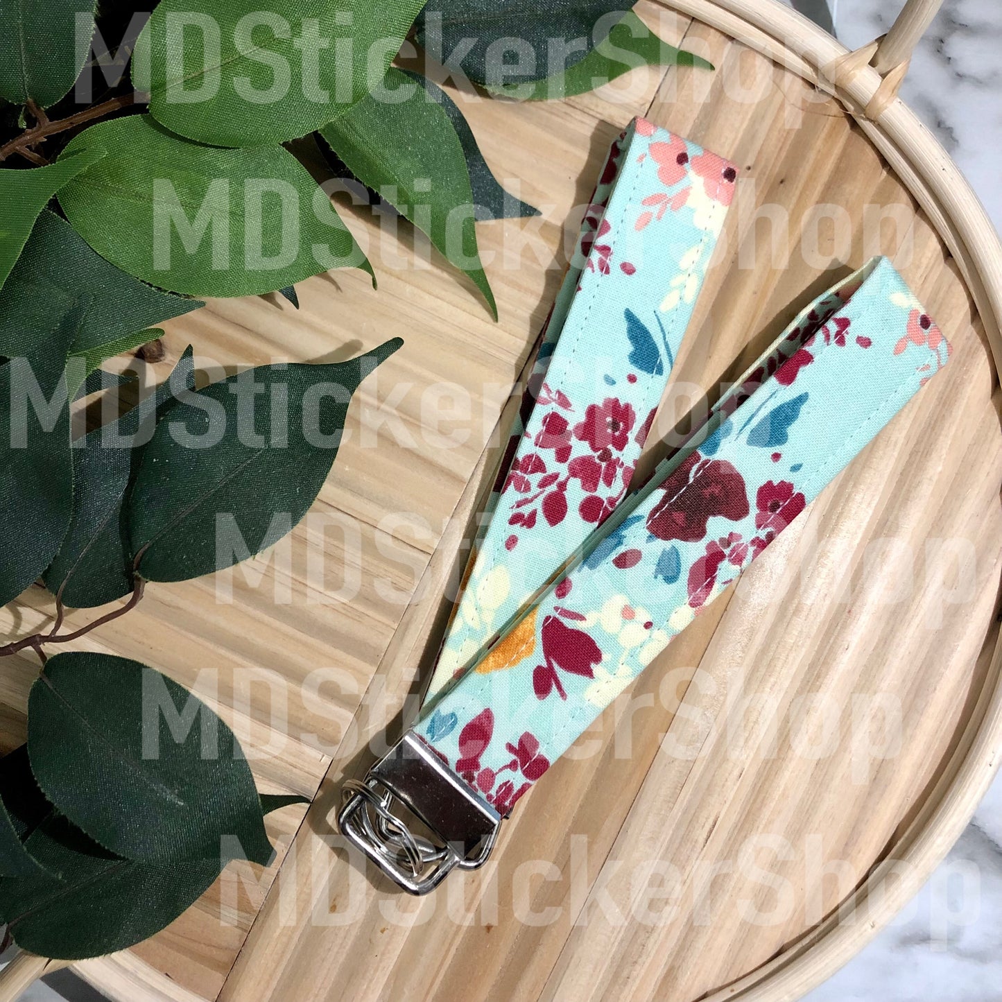 Abstract Florals on Light Blue Print Fabric Keychain
