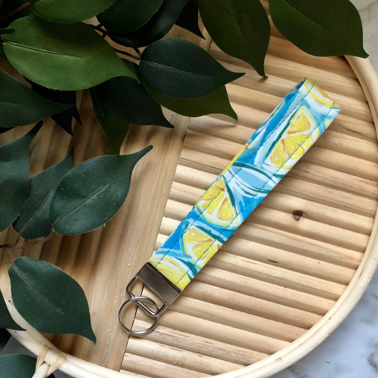 Blue Lemon Print Fabric Wristlet Keychain, Key Fob