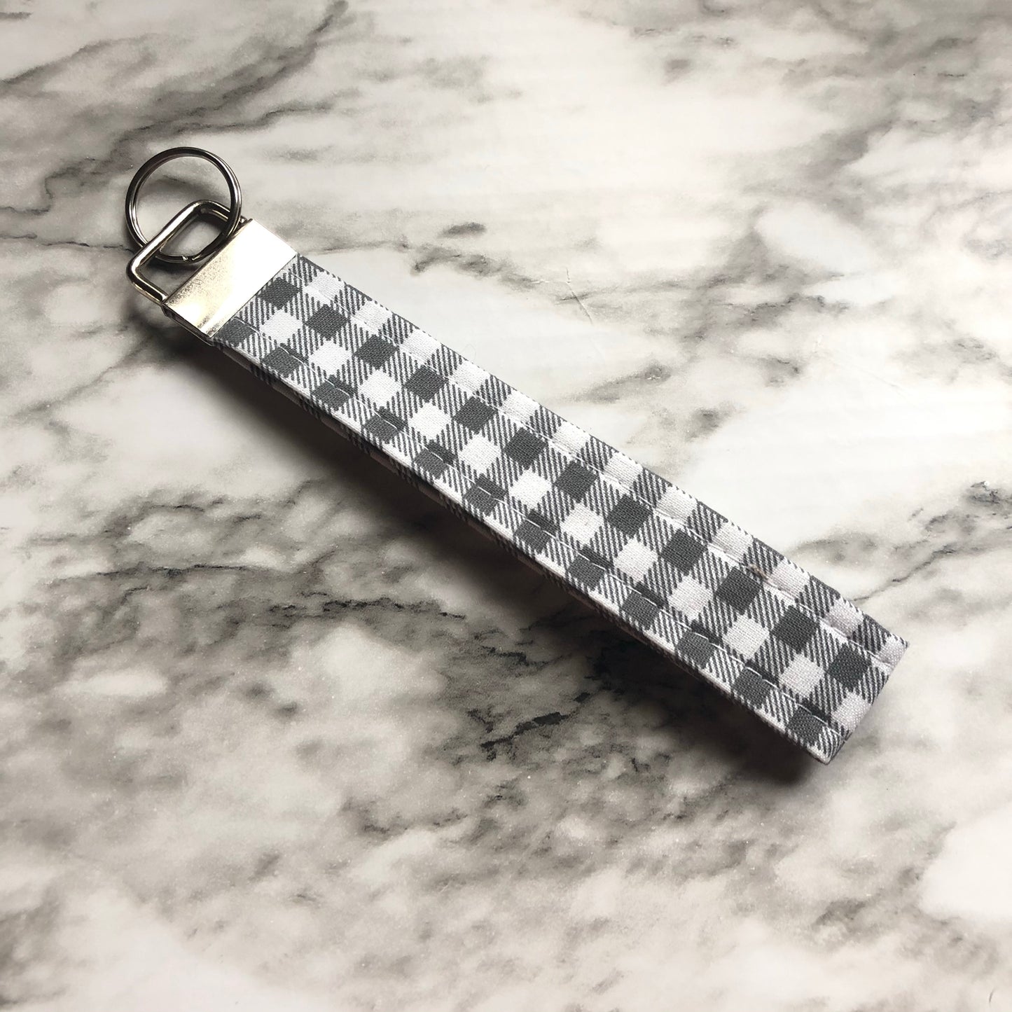 Grey and White Gingham Print Fabric Wristlet Keychain, Key Fob